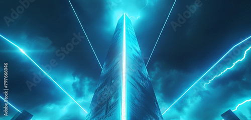 3D neon blue architecture, an obelisk of light against the night.