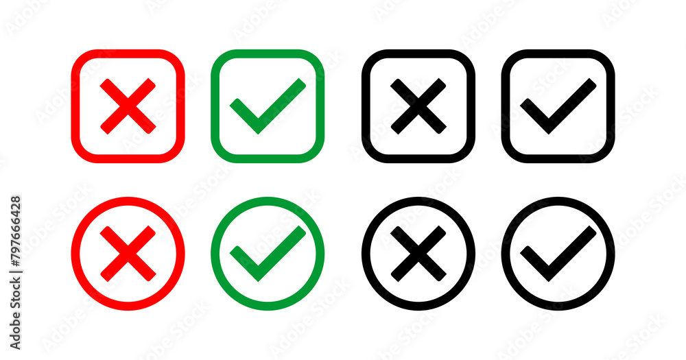 Set of Yes and No or Right and Wrong or Cross Mark and check mark symbol with outline button Set of Yes and No or Right and Wrong or Cross Mark and check mark symbol with outline button