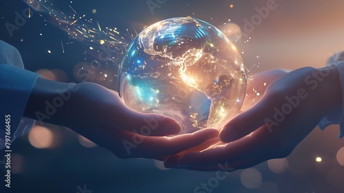 Environment Concept - Hands Holding Globe Glass In Blue Ocean With Defocused Lights ,Generative ai, 