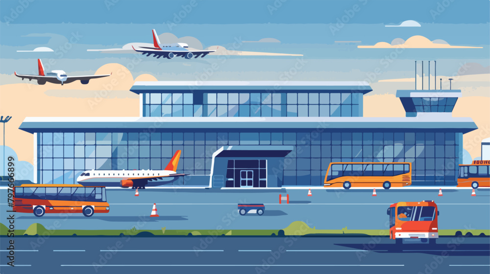 Airport building exterior with buses and airplanes. Vector