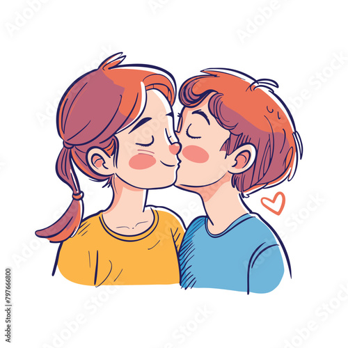 Couple of friends or girl and boy that in love with each other, they have a kiss, colorful illustration
