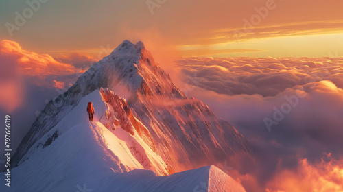 mountain climber stands on the summit of a snow-capped mountain as the sun sets behind them, casting a pink and purple glow over the scene. photo