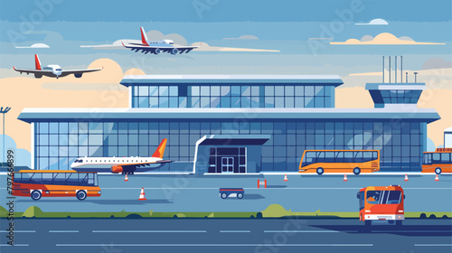 Airport building exterior with buses and airplanes. Vector