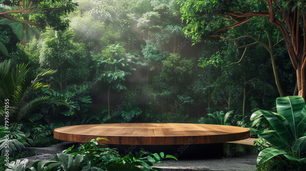 lush green foliage and wooden platform in the middle of a dense jungle with sun rays filtering through the leaves lush green foliage and wooden platform in the middle of a dense jungle with sun rays filtering through the leaves