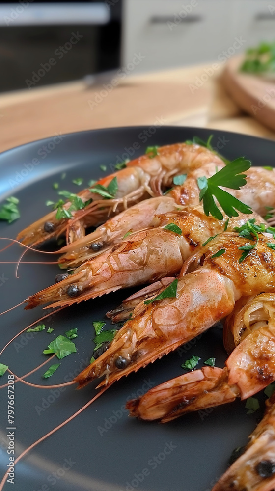 grilled shrimps on dark plate, side view, kitchen table background, food photography grilled shrimps on dark plate, side view, kitchen table background, food photography