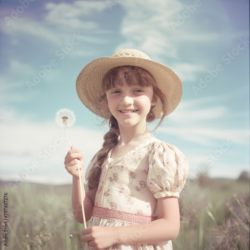 Little girl in a dress and hat with a flower in her hands 