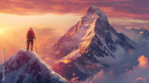 A person is standing on top of a snow-capped mountain. The sky is a bright orange color, and there are clouds in the background.