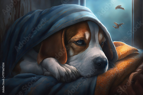 Beagle dog covered with a blanket