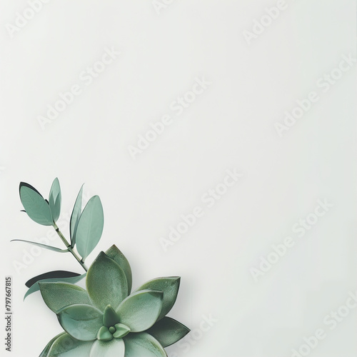Beige background with eucalyptus sprigs in the corner 