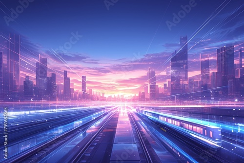 A high-speed train passing through the station, with long exposure photography creating motion blur. Pink and blue neon lights are shown, with a futuristic design and a high-tech atmosphere.  photo