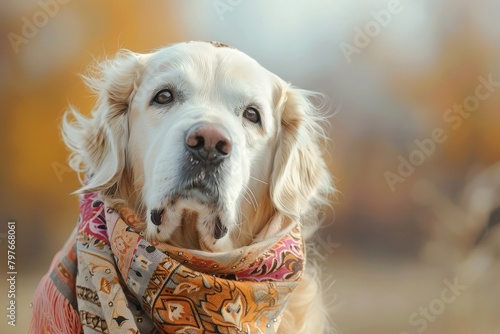 A funny white golden retriever dressed in a bandana like an old lady,, Dog in a scarf, autumn outfit. Jack Russell Terrier lifestyle,FASHIONABLE JACK RUSSELL DOG WEARING A HANDKERCHIEF ON HIS HEAD 