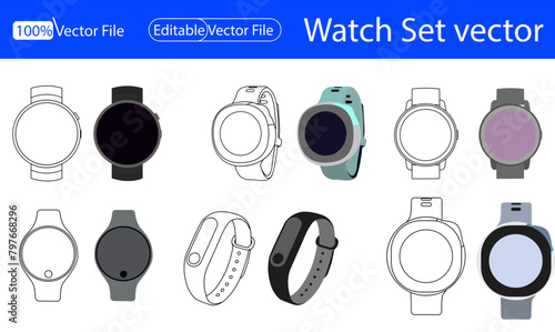 Smart Watch wrist vector outline set icon. Isolated outline set icon wristwatch. Vector illustration clock on white background. Apple watch wireframe icons isolated on white background. Outline Apple 