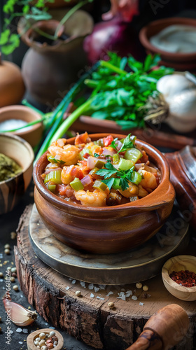  spanish beans with shrimps and vegetables in a wooden bowl on a dark background, surrounded by ingredients like garlic, onion, salt, pepper, oil and other Spanish spices