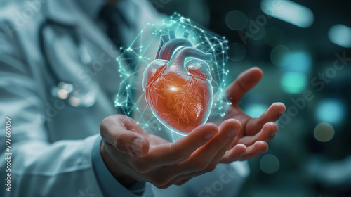 digital of a Heart. Cardiologist on blurred background using digital x-ray of human heart holographic scan projection 3D rendering