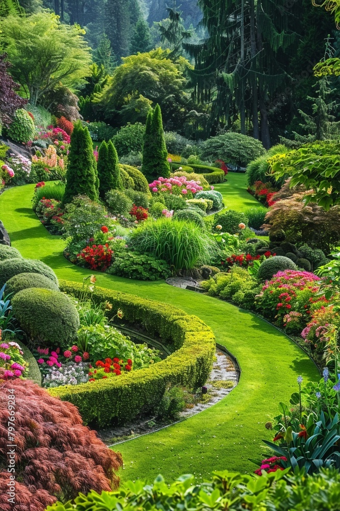 Manicured garden panorama lush greenery