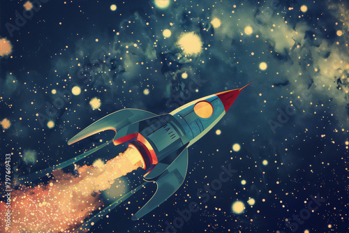 Fototapeta Naklejka Na Ścianę i Meble -  Retro rocket ship launching into space with stars and nebula in the background in vintage painting style