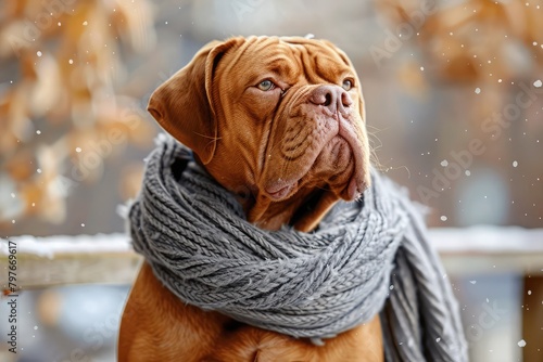 beautiful young dogue de bordeaux dog wearing grey scarf. sitting pose,Close up French bulldog with a knitted warm scarf, cute cozy black dog. photo