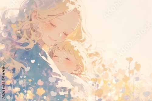A mother and child hugging, surrounded by flowers in the style of watercolor, with heart-shaped elements adding warmth to the illustration. 