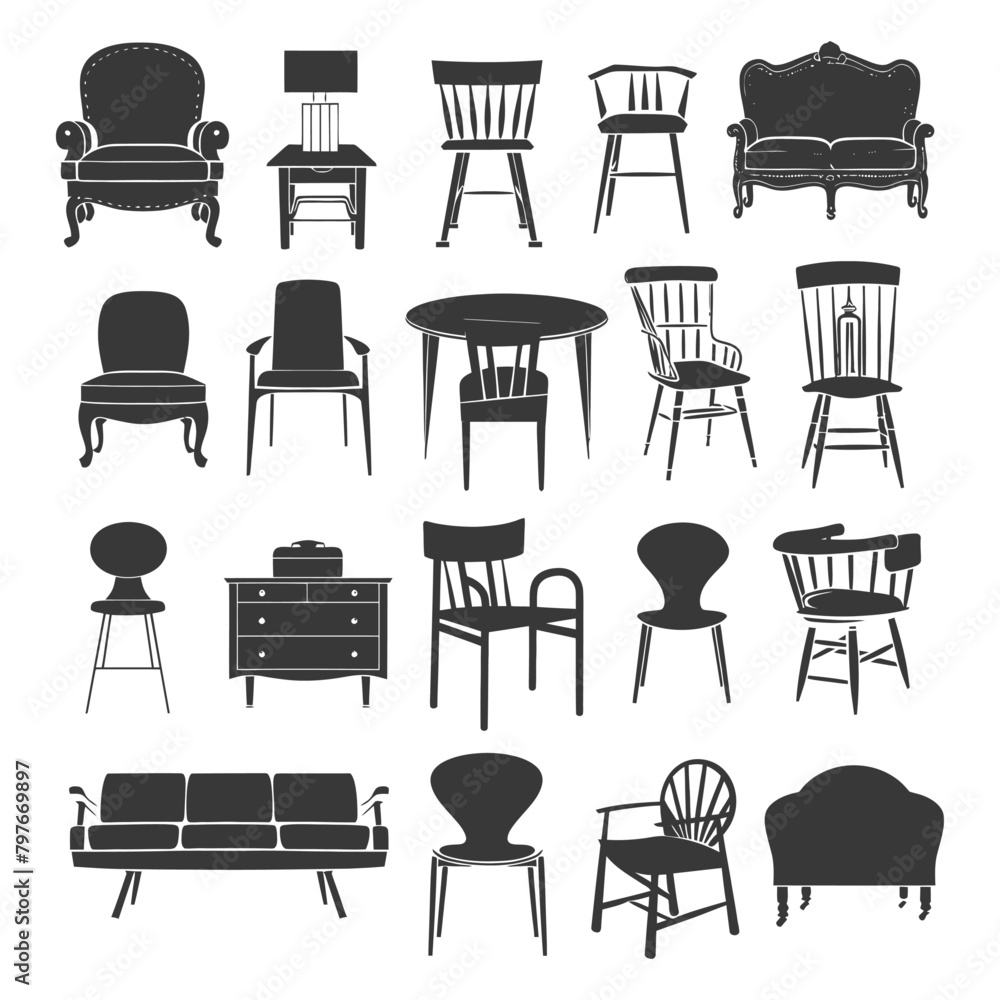 Silhouette Retro furniture icons set black color Silhouette Retro furniture icons set black color