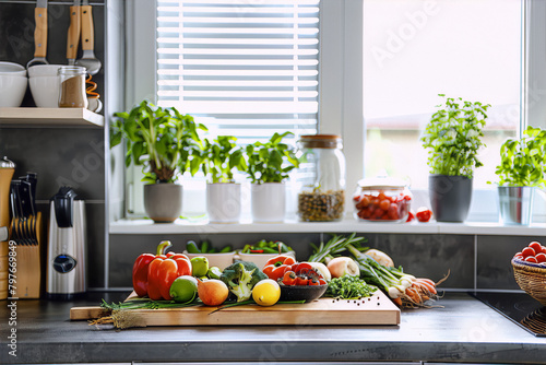 Freshly harvested vegetables and herbs on a kitchen counter near the window