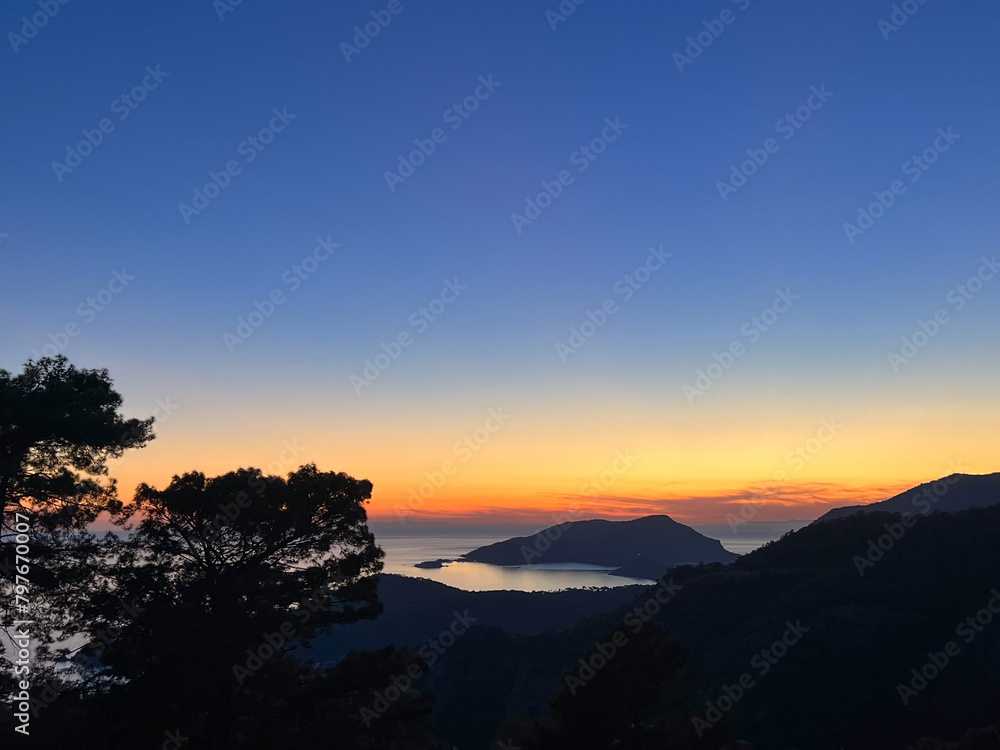 Sunset at the Fethiye, Ölüdeniz and blue sky at the horizon of the Mediterranean Sea