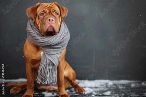 beautiful young dogue de bordeaux dog wearing grey scarf. sitting pose,Close up French bulldog with a knitted warm scarf, cute cozy black dog photo