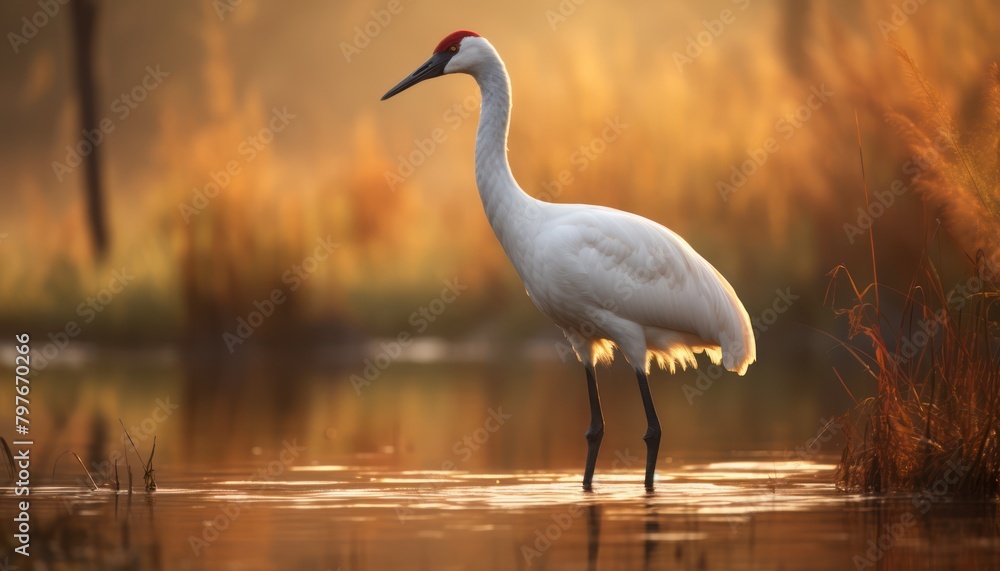 Naklejka premium Large White Whooping Crane Bird Standing in Body of Water