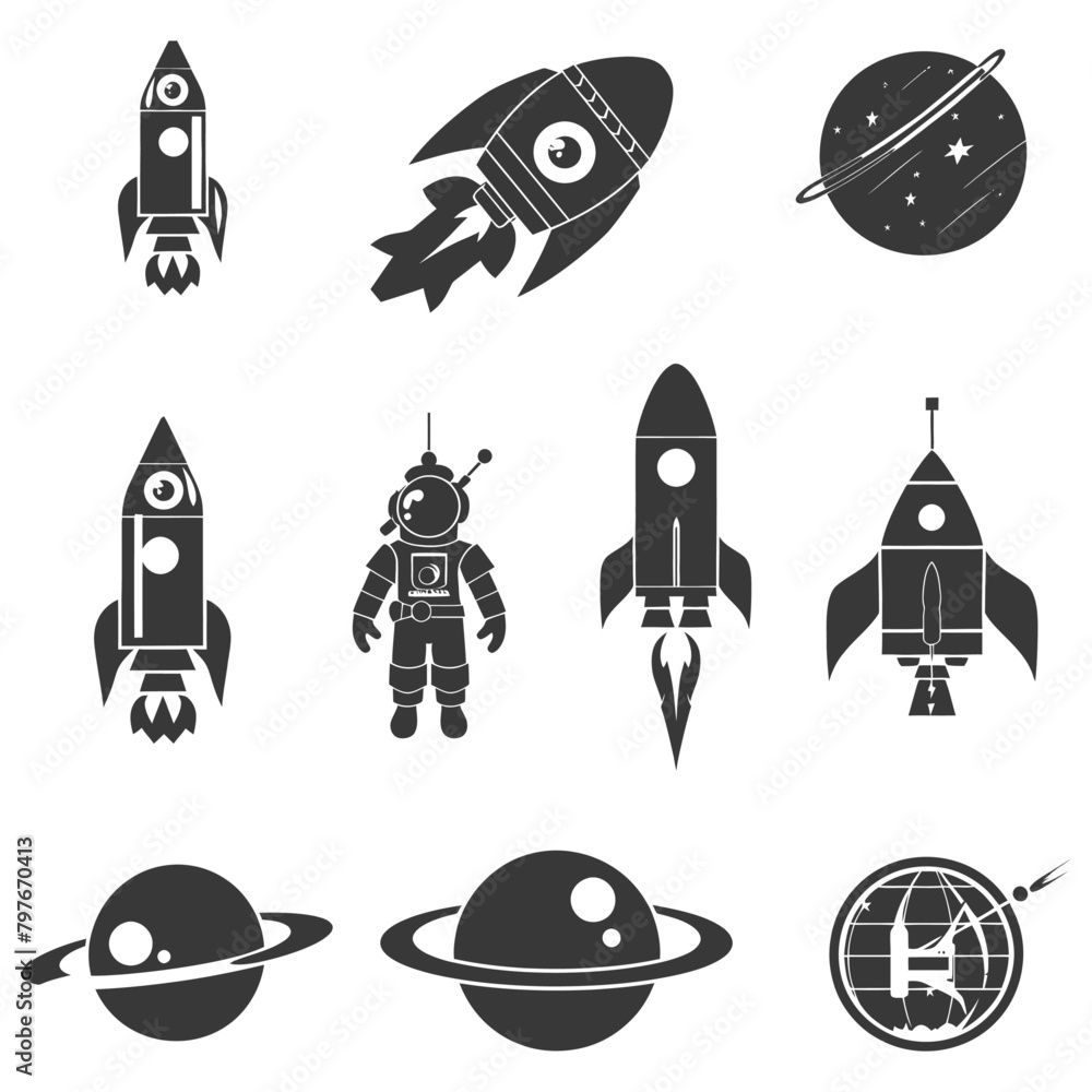 Silhouette Retro space icons set black color only Silhouette Retro space icons set black color only