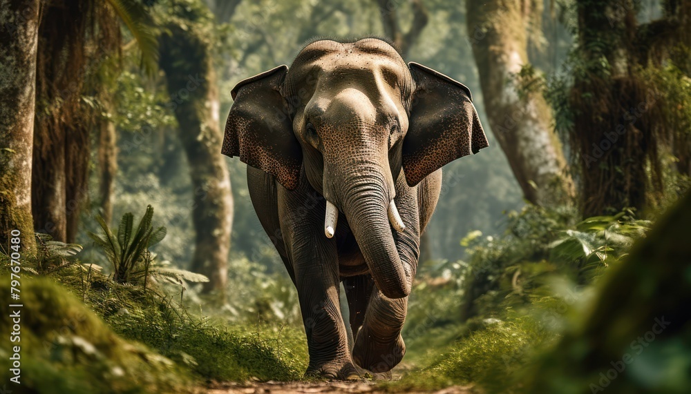 Asian Elephant Walking Along Dirt Road in Forest