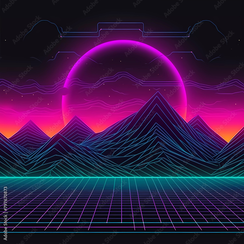 Synth wave retro 80 video game style mountain and orange sunset with neon purple sky background.