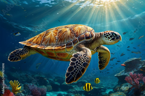 A close up of a sea turtle swimming under sea
