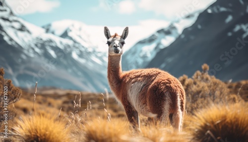 Guanaco Llama Grazing in Field With Mountain Background photo