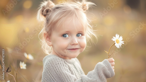 Little cute girl holding a flower in her hands
