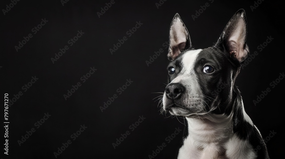 Black and white mini bull terrier with hare ears on the head on a black background,Most Beautiful Beagle Dog Isolated ,Funny black and white mixed breed dog face portrait at studio on black background