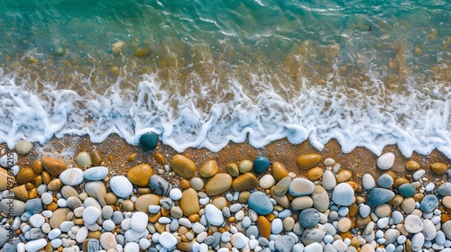 Tranquil shoreline featuring natural stone pebbles along the beach, gently caressed by the waves, captured from an aerial perspective using a drone camera.
