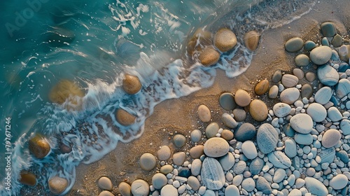 Tranquil shoreline featuring natural stone pebbles along the beach, gently caressed by the waves, captured from an aerial perspective using a drone camera.