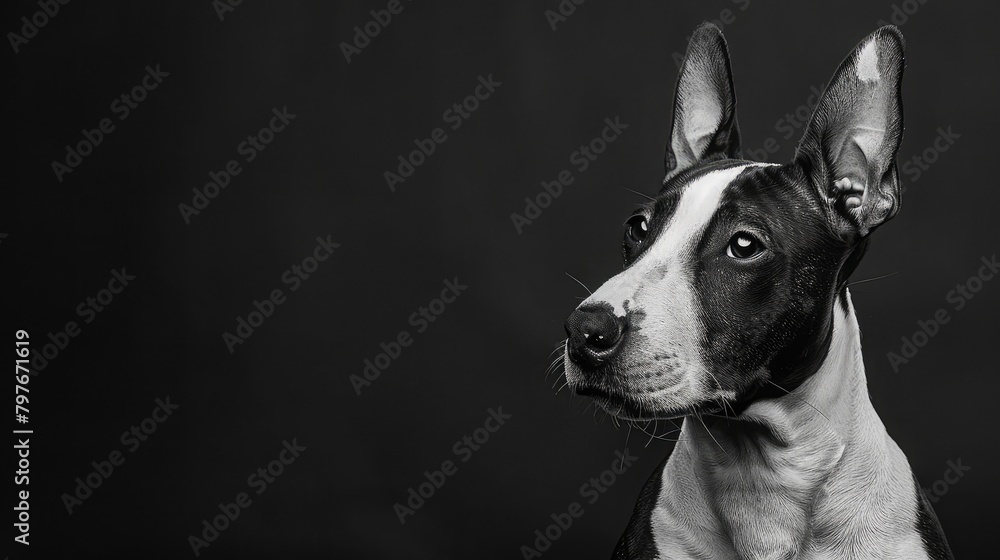 Black and white mini bull terrier with hare ears on the head on a black background,Most Beautiful Beagle Dog Isolated ,Funny black and white mixed breed dog face portrait at studio on black background