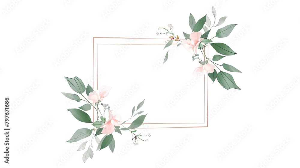 Naklejka premium Square, golden frame with flowers and leaves on a white background