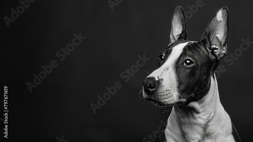 Black and white mini bull terrier with hare ears on the head on a black background,Most Beautiful Beagle Dog Isolated ,Funny black and white mixed breed dog face portrait at studio on black background photo