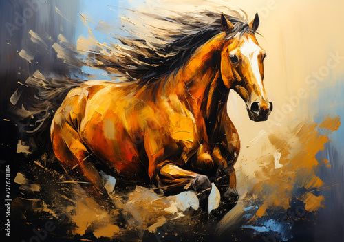 Vibrant Modern Knife Art Painting - Gold Horse with Bold Strokes on Abstract Mural Wall
