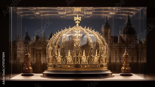 Dynamic isometric 3D scene of a crown encased in glass within a museum setting, showcasing intricate craftsmanship against a backdrop of cultural heritage