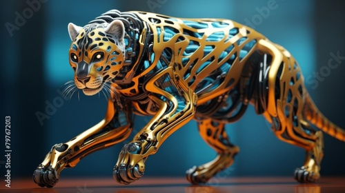 A golden cheetah made of metal with glowing blue eyes stands on a wooden table with a blurred blue background