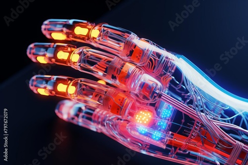 A close-up of a robotic hand. The hand is made of transparent material, and theNei Bu Jie Gou  is visible. The hand is lit by a red light. photo