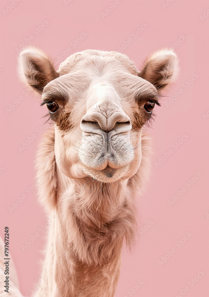 Obraz premium Close-up portrait of a camel with a gentle expression, soft fur, and a light pink background. 