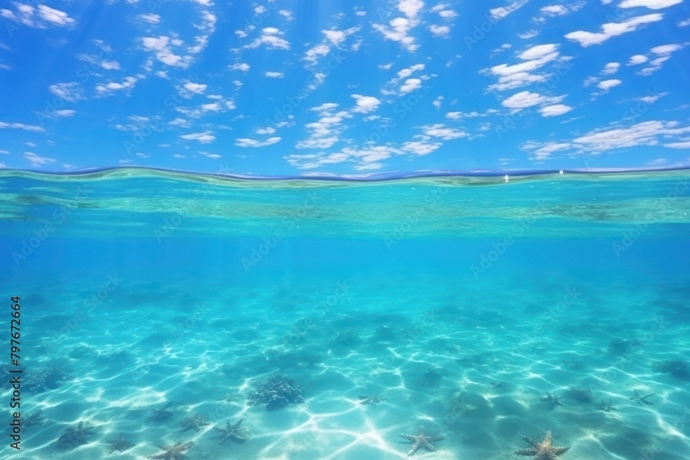 Crystal clear ocean blue sky underwater outdoors nature.