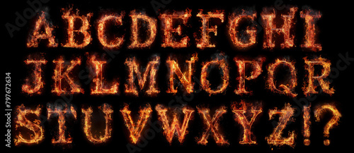 Fire font alphabet made of burning letters on black background.