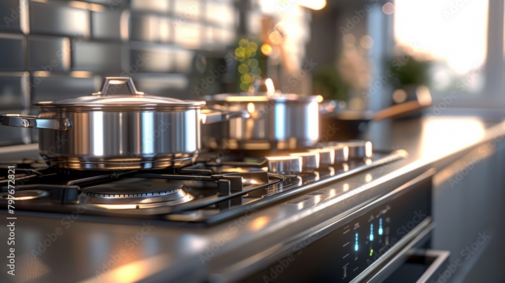 Soft Light Casts a Warm Glow on Chic Cookware on a Modern Stove Soft Light Casts a Warm Glow on Chic Cookware on a Modern Stove