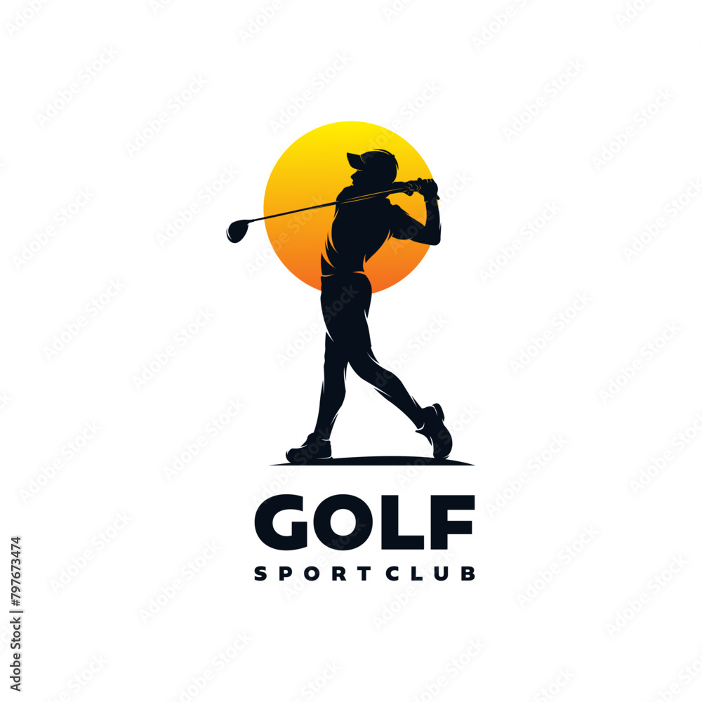 Golfer with sunset logo design template Golfer with sunset logo design template