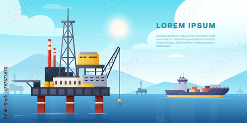 Oil gas industry. Vector illustration of oil well and rig, extraction production and transportation oil, fuel and petrol in tankers, ships. Water rig drilling platform background for infographic, web