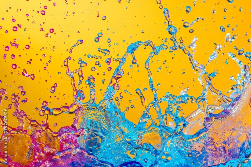 Colorful splash of water droplets on a vibrant background Colorful splash of water droplets on a vibrant background